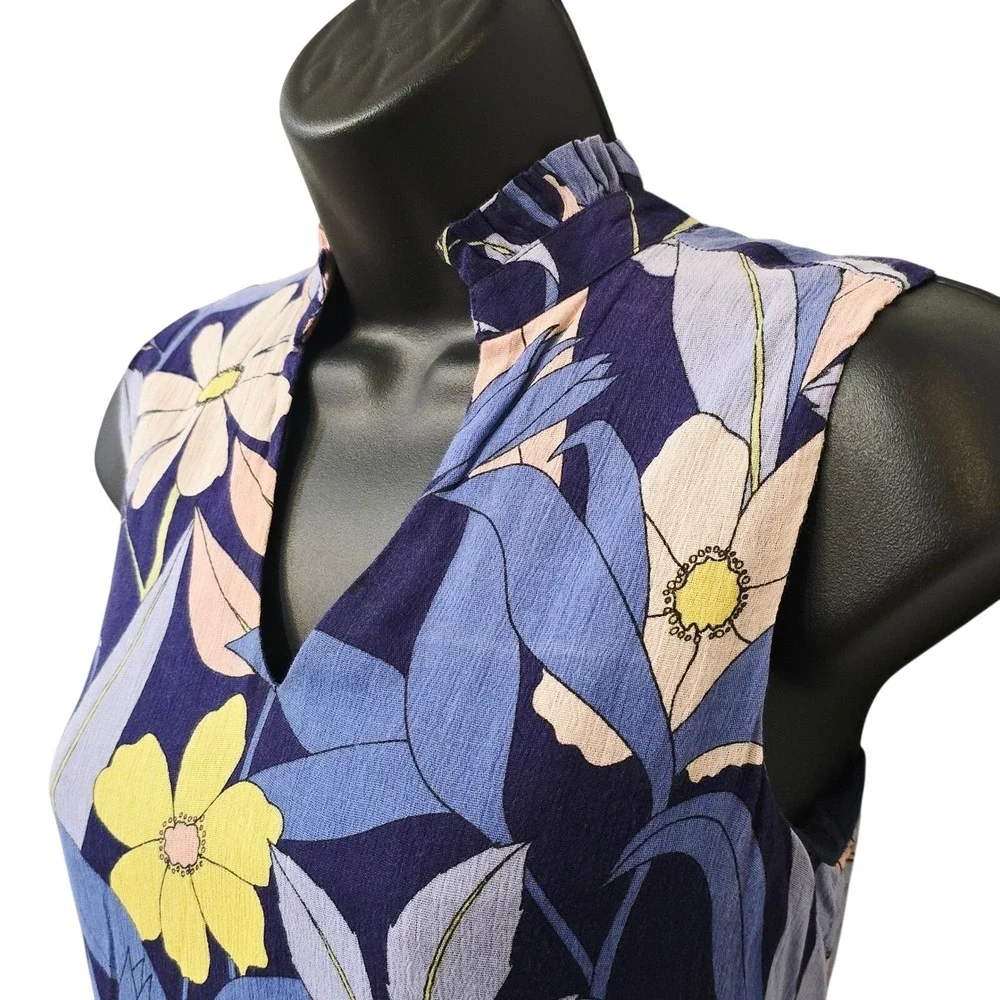 NWT Tori Richard Paola Dress Navy Blue Floral Cotton Rayon Tiered XS 7627-WQ76 - Picture 3 of 8